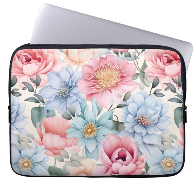 Blå och rosa blommig laptop fodral (Framsidan)