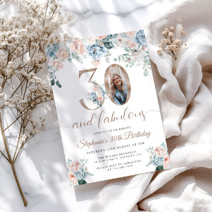 Blå och rosa blomsterfoto 30-års födelsedagsinbjud inbjudningar