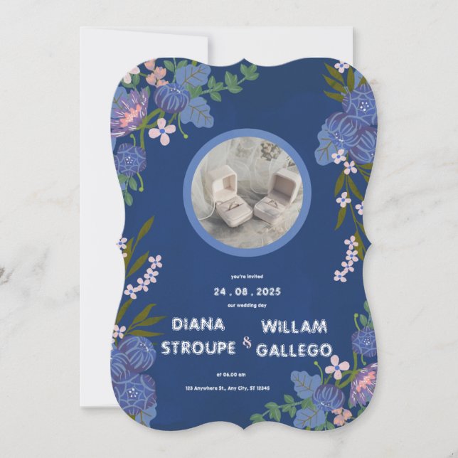 Blå och rosa blomsterklassisk modern bröllopsinbju (Framsida)
