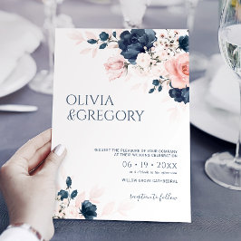 Blå och  Rosa Bouquet Bröllop Inbjudningar