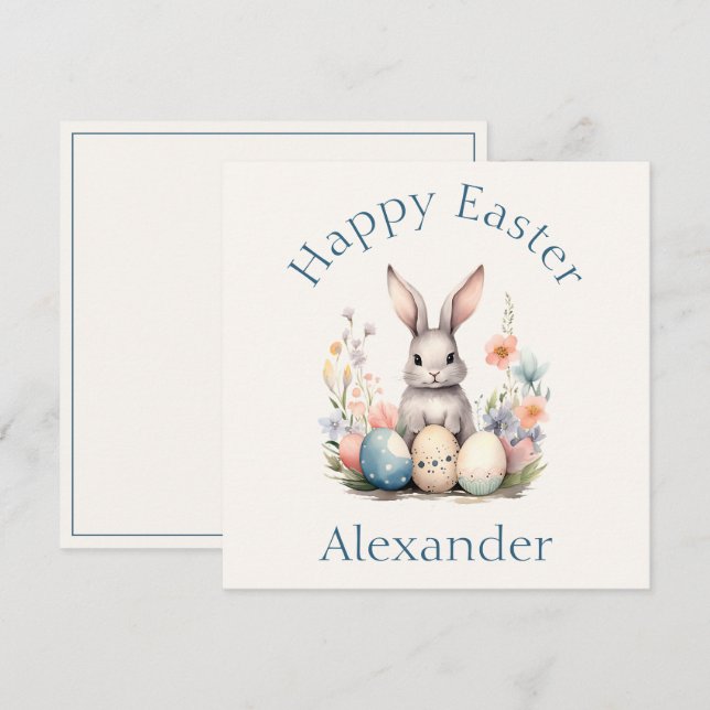 Blå och Rosa Bunny Rabbit Wildblommor Påsk Anteckningskort (Fram/baksida)