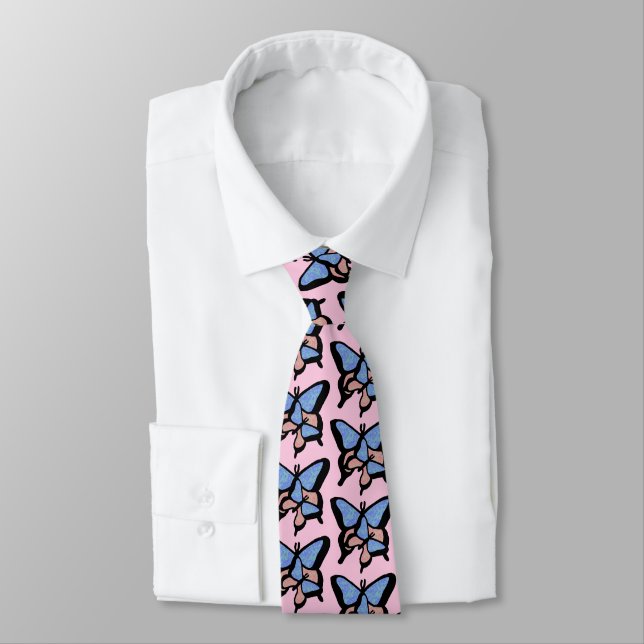 Blå och Rosa Butterflies Tie Slips (Bunden)