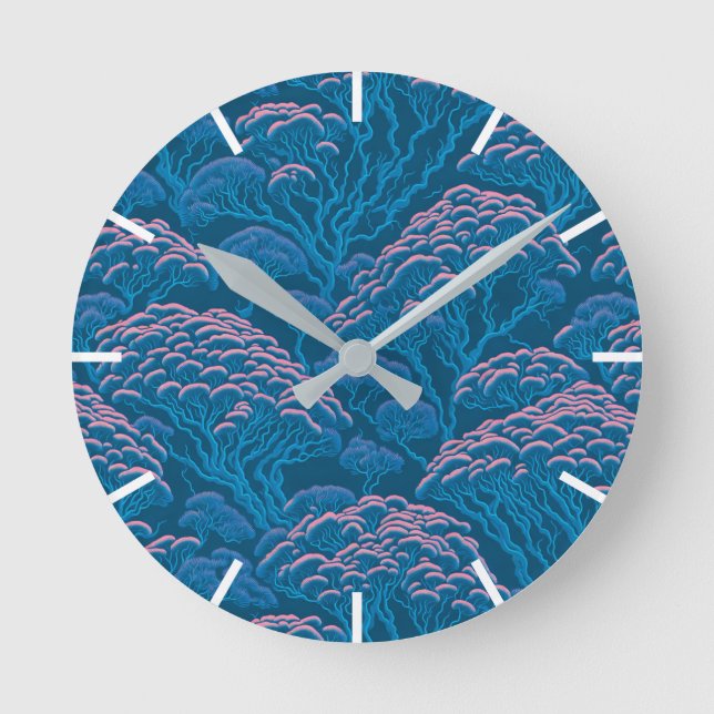 Blå och Rosa Coral Reef Mönster Rund Klocka (Framsida)