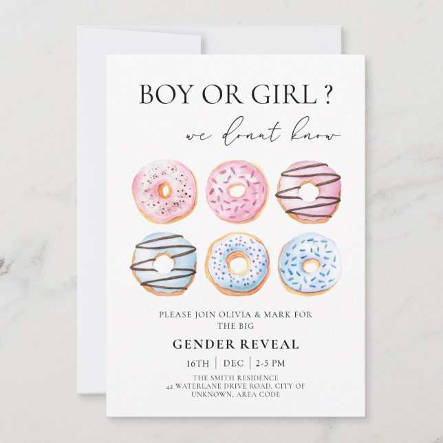 Blå och Rosa Donuts Gender Reveal Party Inbjudningar (Framsida)