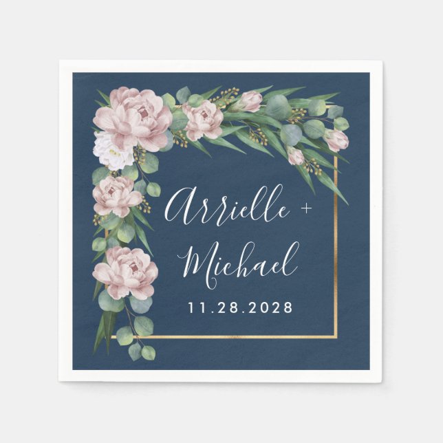 Blå och Rosa Dusty Ro Greenery Guld Bröllop Pappersservett (Framsidan)