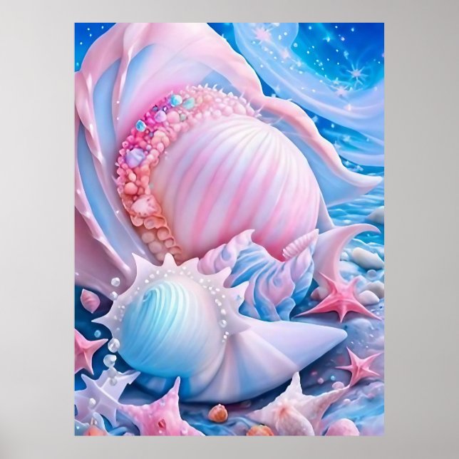 Blå och Rosa Fantasy Beach Poster (Framsidan)