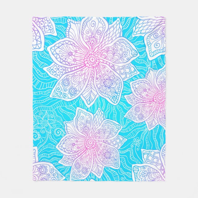 Blå och rosa färg ornerar blommor, sömlös patte fleecefilt (Framsidan)