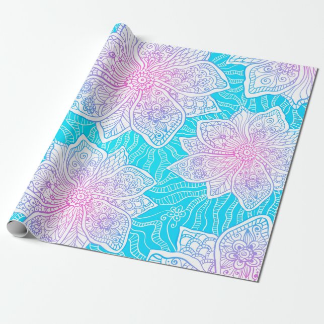 Blå och rosa färg ornerar blommor, sömlös patte presentpapper (Utrullad)
