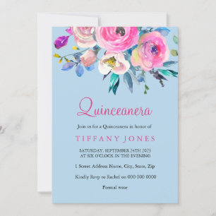 Blå och Rosa Färgblomma Quinceanera Inbjudan