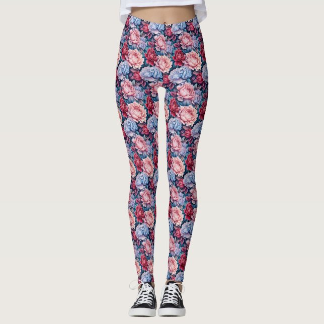 Blå och Rosa Flowers Leggings (Framsida)