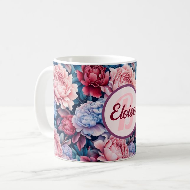 Blå- och Rosa Flowers-Personlig Kaffemugg (Framsida vänster)