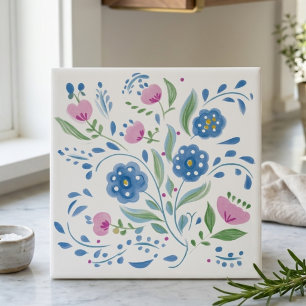 Blå och rosa folklig konst blomsterdekoration kakelplatta