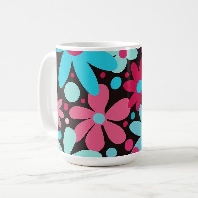 Blå och rosa funky blommor kaffemugg (Framsida vänster)