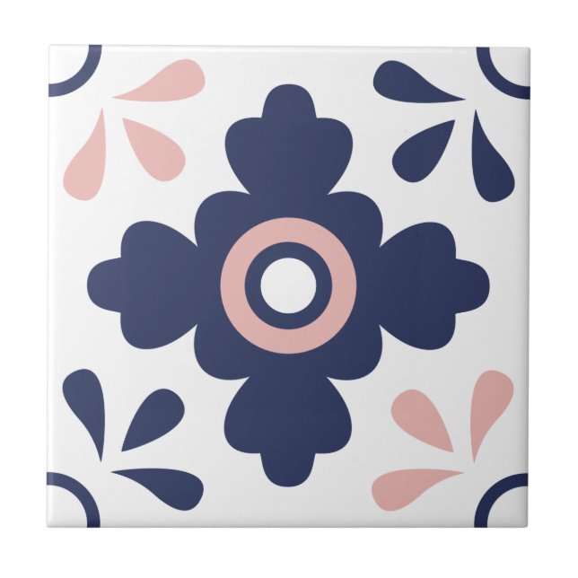 Blå och Rosa Geometric Flower Tile Kakelplatta (Framsidan)