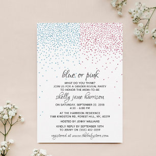 Blå och Rosa Glitter Confetti Gender Reveal Party Inbjudningar