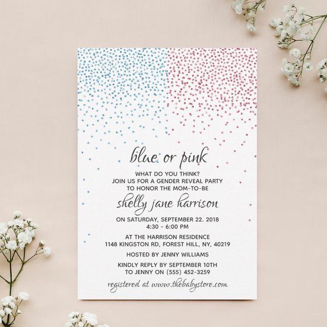 Blå och Rosa Glitter Confetti Gender Reveal Party Inbjudningar (Skapare uppladdad)
