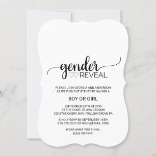 Blå och Rosa Heart Black Calligraphy-Gender Reveal Inbjudningar