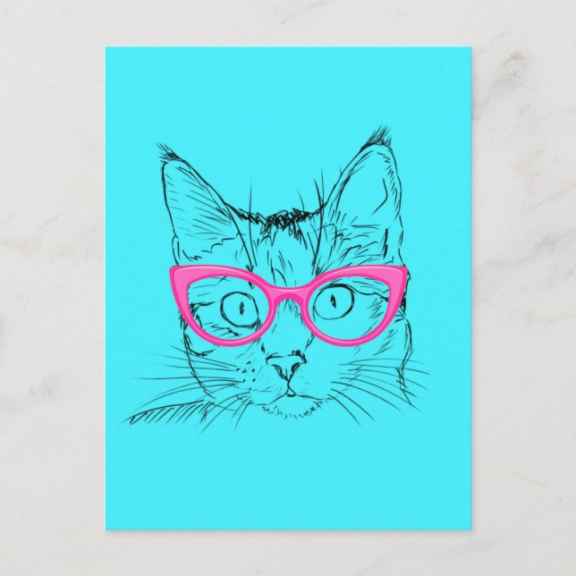 Blå och rosa hipsterkatt vykort (Framsida)