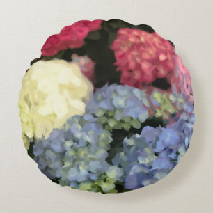 Blå och Rosa Hydrangea Digital Flower Paeing Rund Kudde