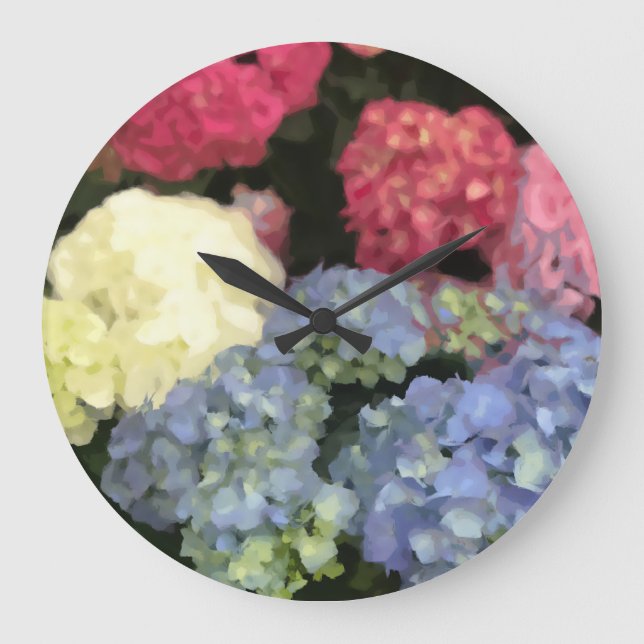 Blå och Rosa Hydrangea Digital Flower Paeing Stor Klocka (Framsida)