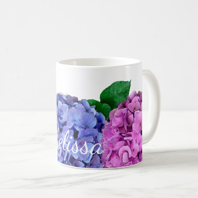 Blå och Rosa Hydrangea Flowers Personlig Kaffemugg (Framsida höger)