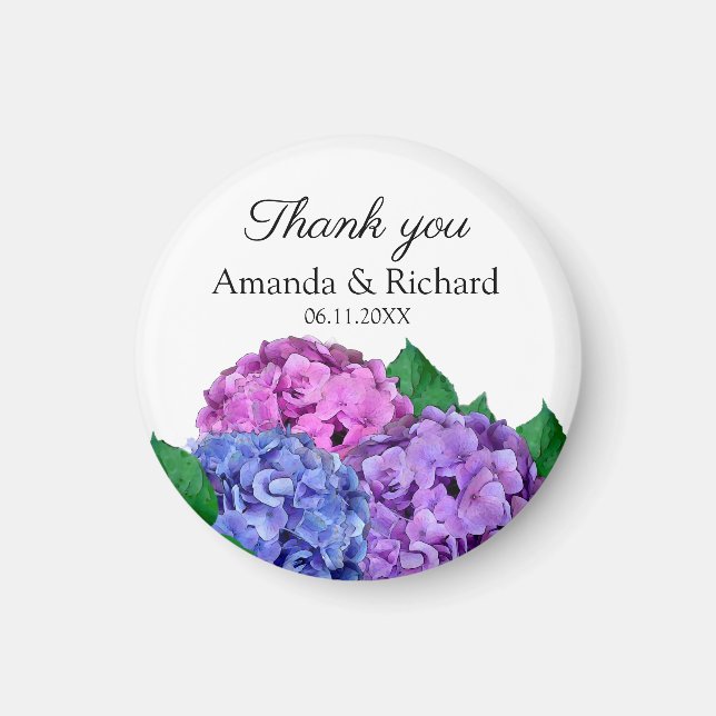 Blå och Rosa Hydrangea Flowers Tack Bröllop Magnet (Framsidan)