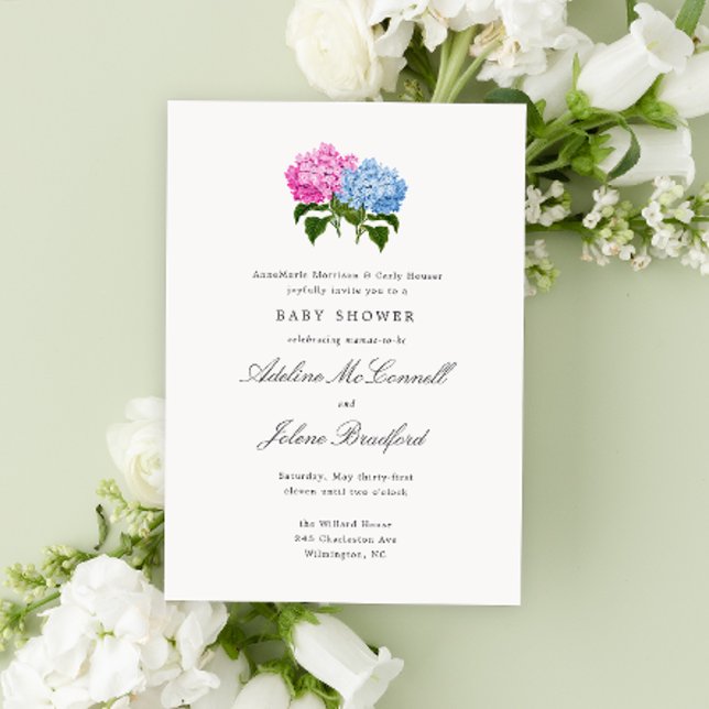 Blå och rosa hydrangea Grand-millennial Double Inbjudningar (Pink and blue two mothers double baby shower invitation with hydrangea flowers and traditional style)