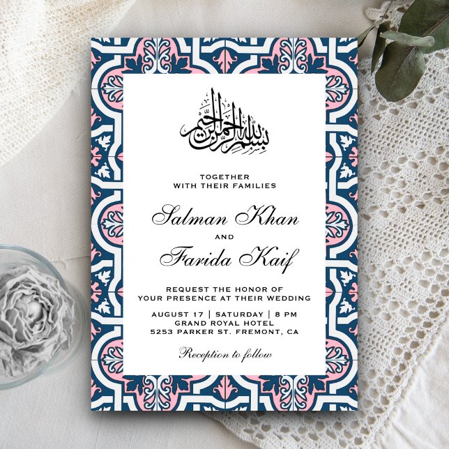Blå och rosa islamisk arabesk muslimsk bröllop inbjudningar (Skapare uppladdad)