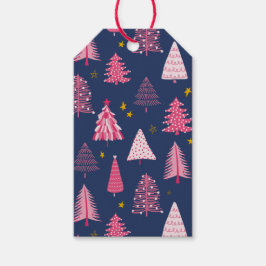 Blå och Rosa Julgran Mönster Presentetikett