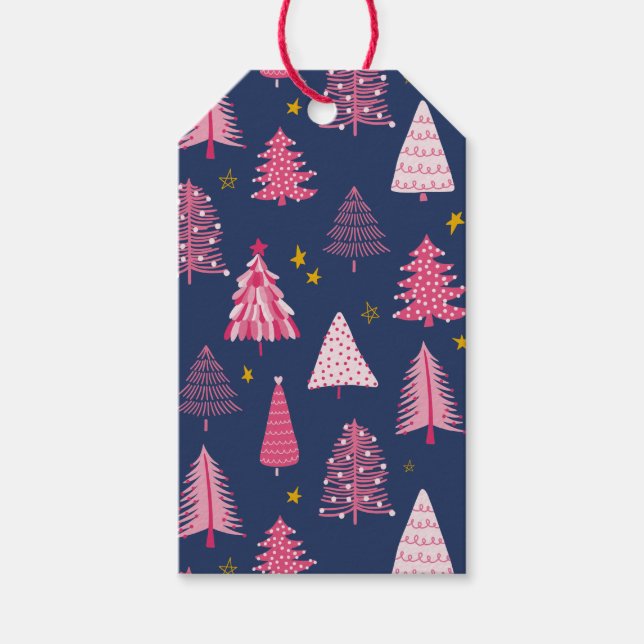 Blå och Rosa Julgran Mönster Presentetikett (Framsidan)