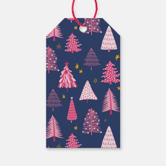 Blå och rosa julgransmönster presentetikett (Framsidan)