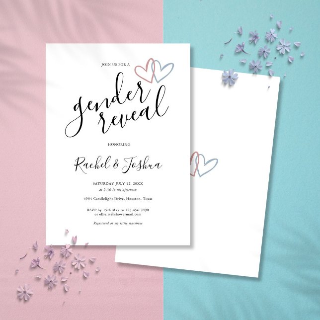 Blå Och Rosa Kärlekshjärtan Könsavslöjandefest Inbjudningar (Blue And Pink Love Hearts Gender Reveal Party Invitation)