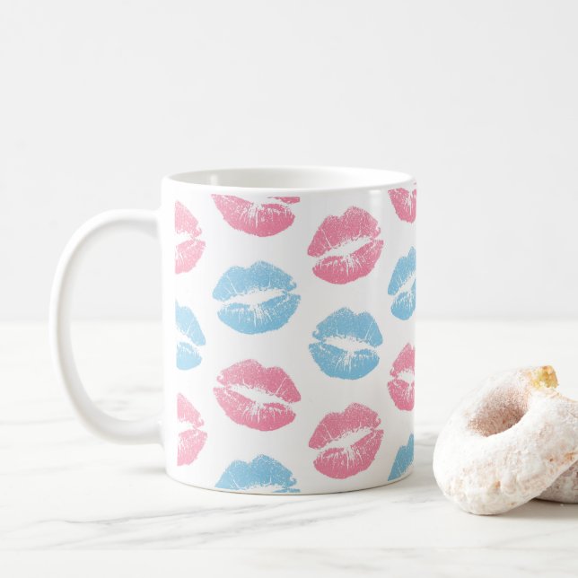 Blå och rosa läppmönster, Läppstift, Kyss Kaffemugg (Med munk)