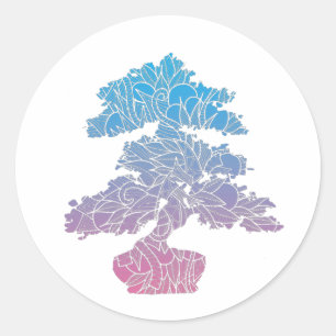 Blå och Rosa Mönster Bonsai Träd Runt Klistermärke