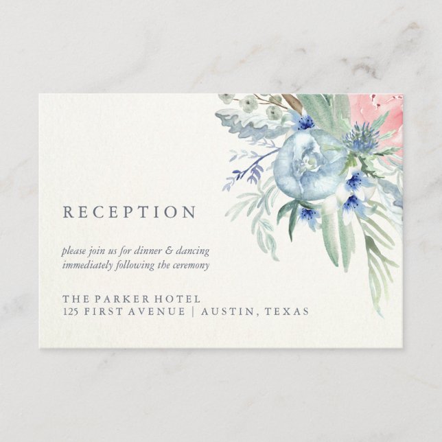 Blå och rosa peonvattenfärg bröllopsmottagning tilläggskort (Framsida)