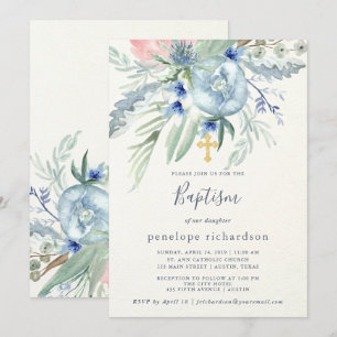 Blå och Rosa Peony Baptism Inbjudningar