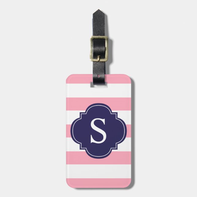 Blå och Rosa Rand Monogram Bagagebricka (Vertikal Framsida)