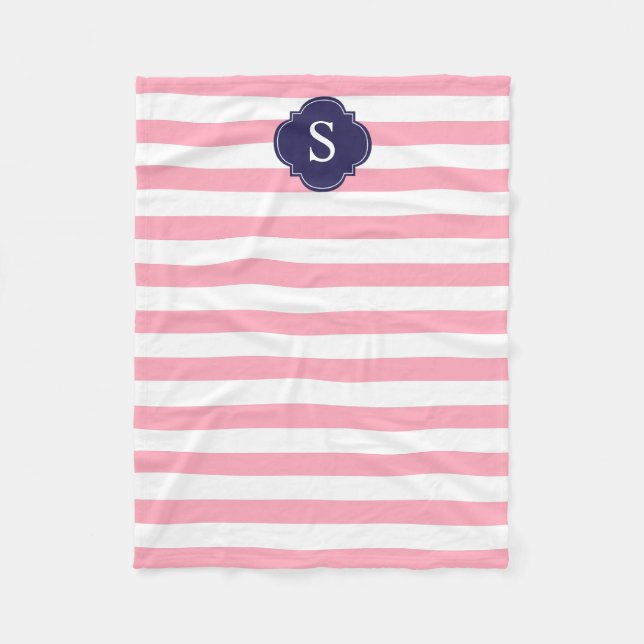 Blå och Rosa Rand Monogram Fleecefilt (Framsidan)