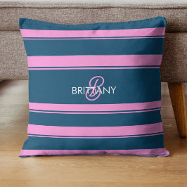 Blå och Rosa Rand Mönster Monogram Kudde