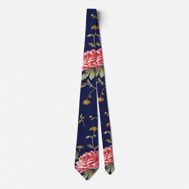Blå och rosa retro blommig design slips (Framsida)