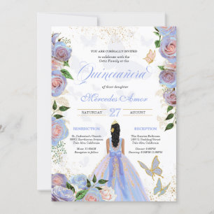 Blå och Rosa ros Butterfly Quinceanera Inbjudningar