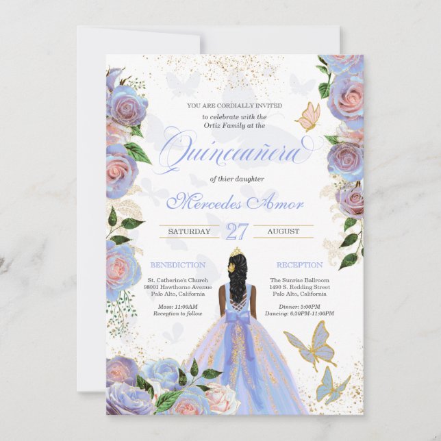 Blå och  Rosa ros Butterfly Quinceanera Inbjudningar (Framsida)