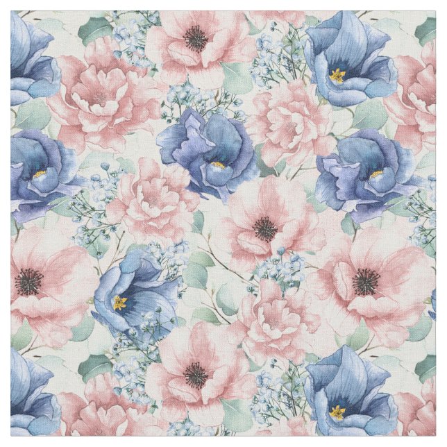 Blå och Rosa ros Fabric Tyg (Närbild)