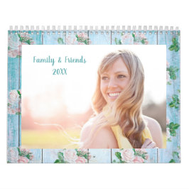 Blå och Rosa ros Shabby chic Wood Photo Kalender