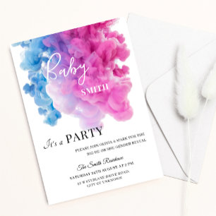 Blå och Rosa Smoke Baby Gender Reveal Party Inbjudningar