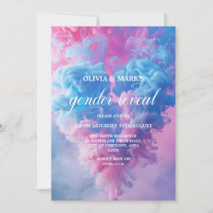 Blå och Rosa Smoke Heart Gender Reveal Party Inbjudningar