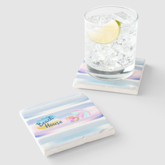Blå och rosa strandhus i sten coaster stenunderlägg (Sidan)