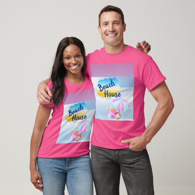 Blå och Rosa Strandhus Rosa T-Shirt (Unisex)