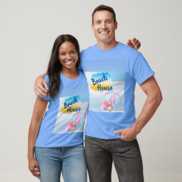 Blå och Rosa Strandhus T-Shirt