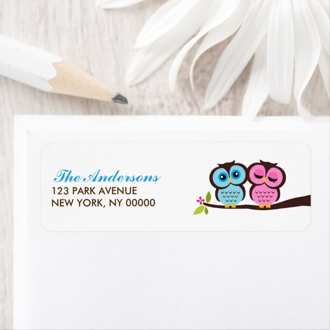 Blå och Rosa Uggla Bröllop Returadress Etikett (Insitu)